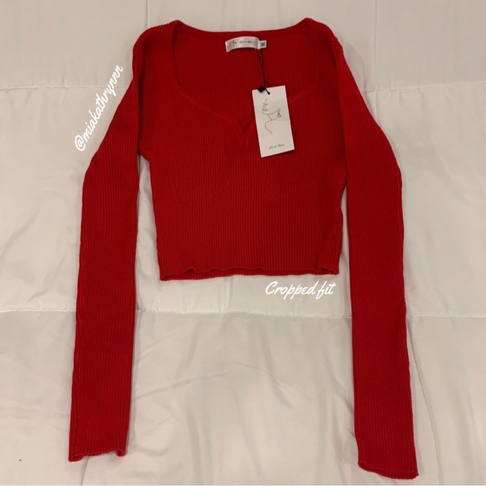KNIT MIX - Sweetheart Neck - Ribbed Knit Crop Top - Long Sleeve - Women‘s M